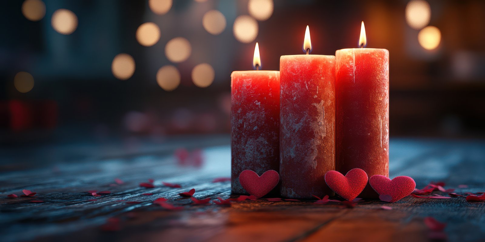 Three red candles lit on a wooden table surrounded by heart-shaped decorations in a cozy setting